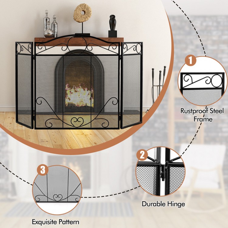 3-panel freestanding fireplace screen with a sturdy steel frame and scrollwork design, ideal for safety and style.